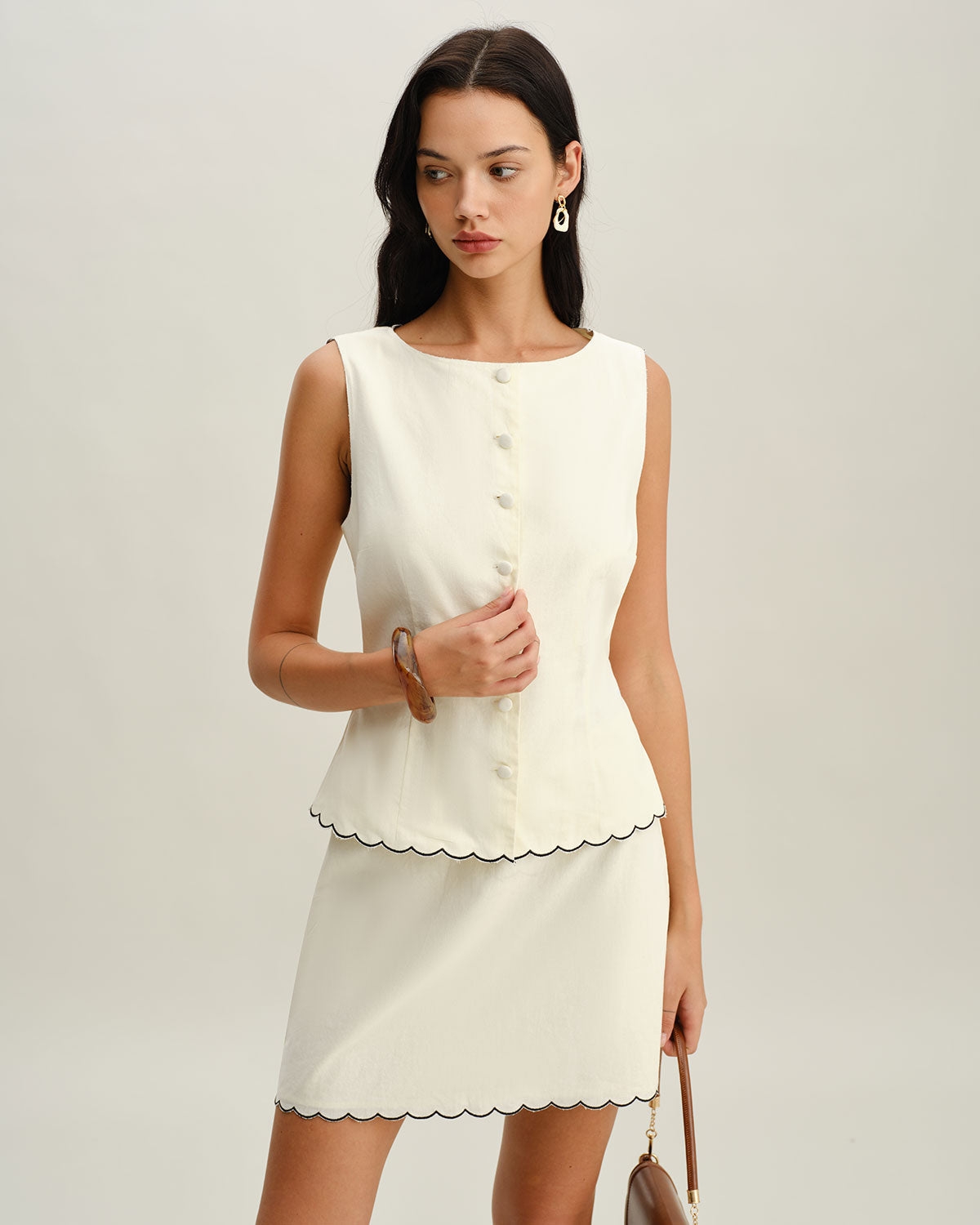 White Round Neck Button Vest