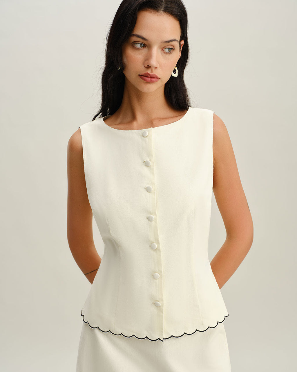 White Round Neck Button Vest