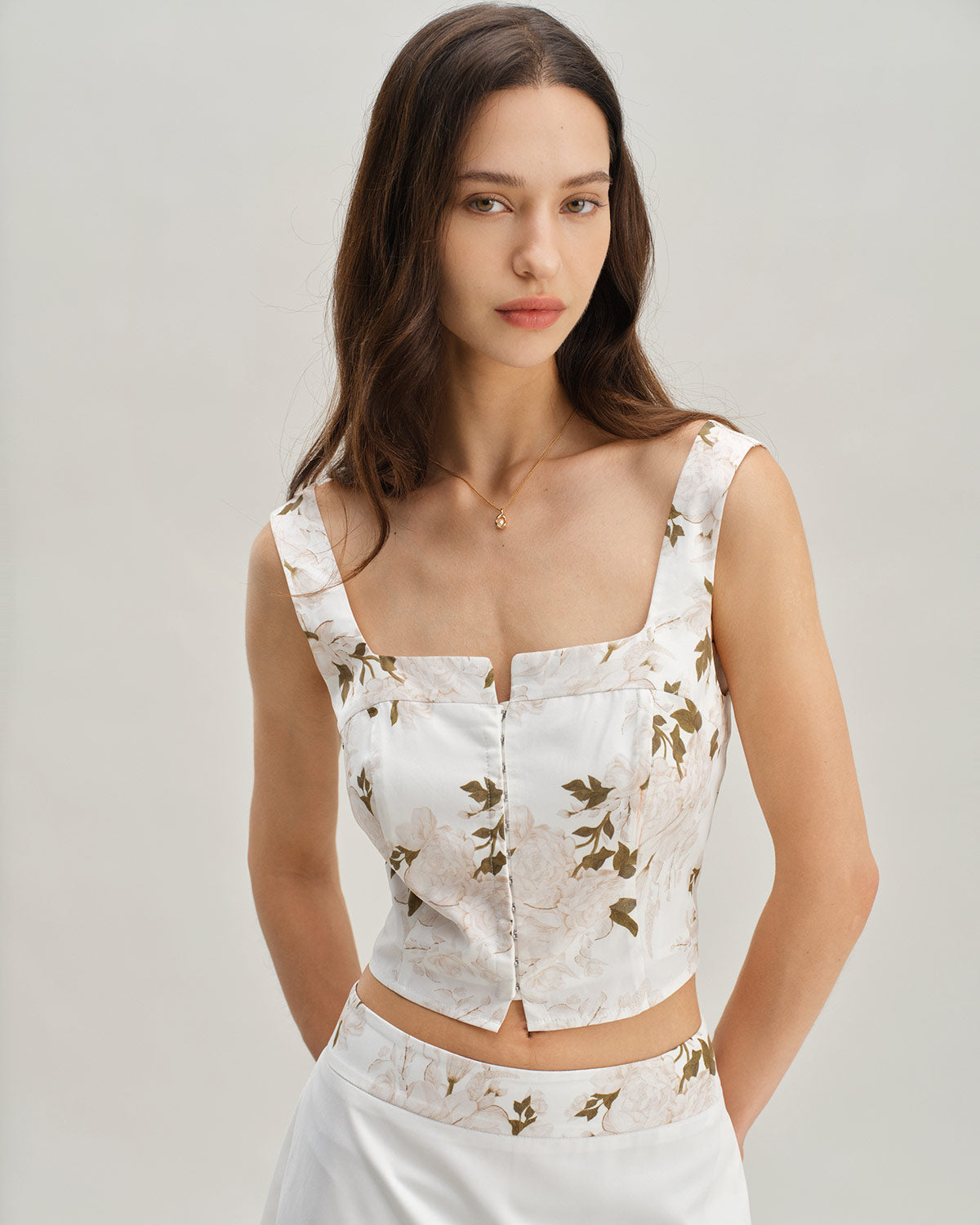 White Floral Shirred Square Neck Cami Top