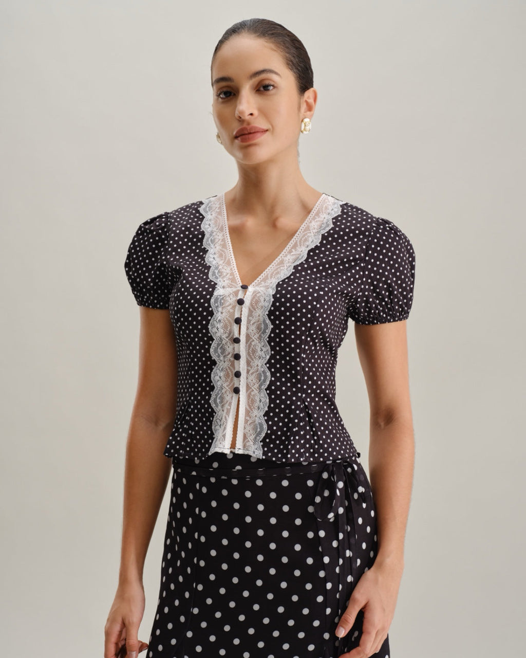 Black Polka Dot Lace Trim Blouse
