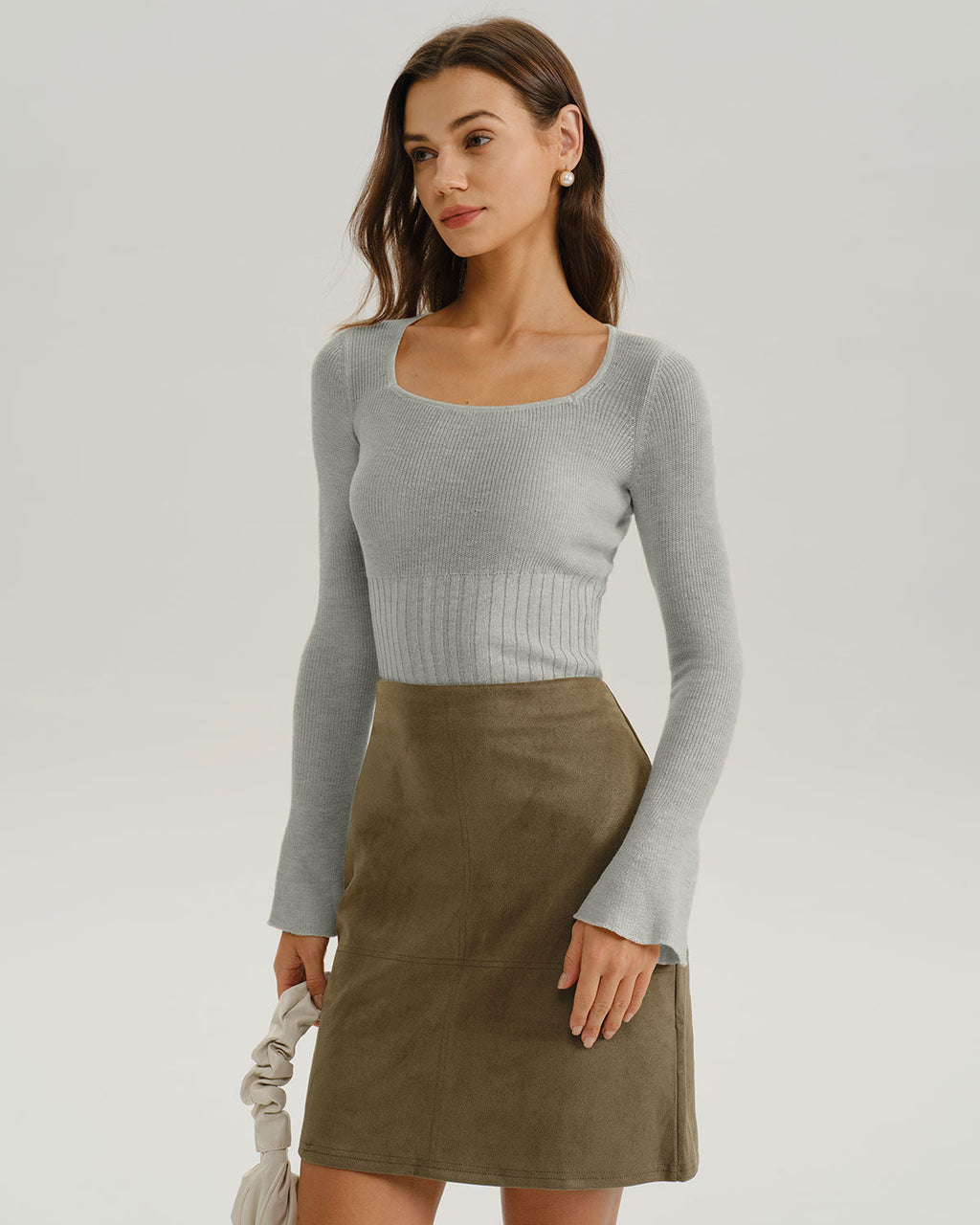 Grey Ribbed Knit Bell Sleeve Tee