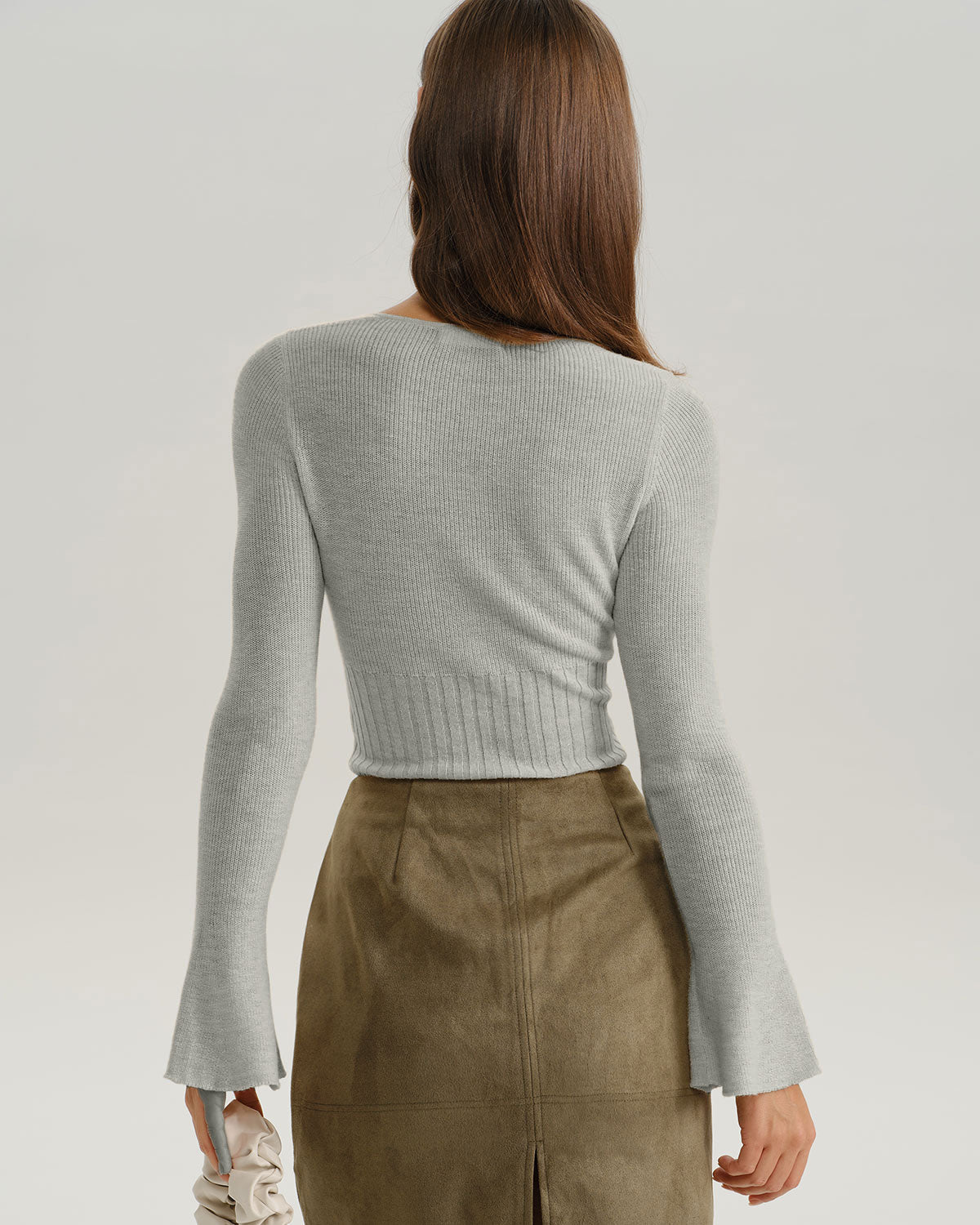 Grey Ribbed Knit Bell Sleeve Tee