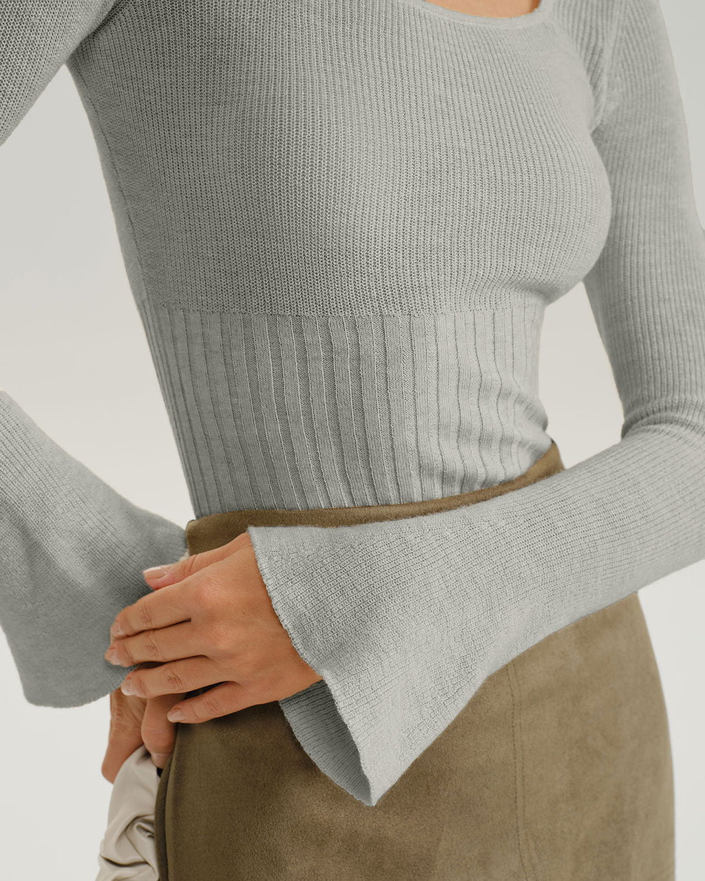 Grey Ribbed Knit Bell Sleeve Tee