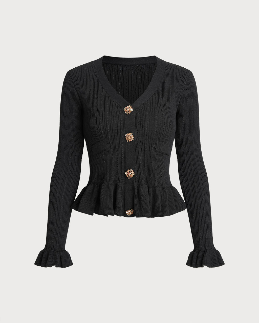 Black V Neck Bell Sleeve Knit Cardigan