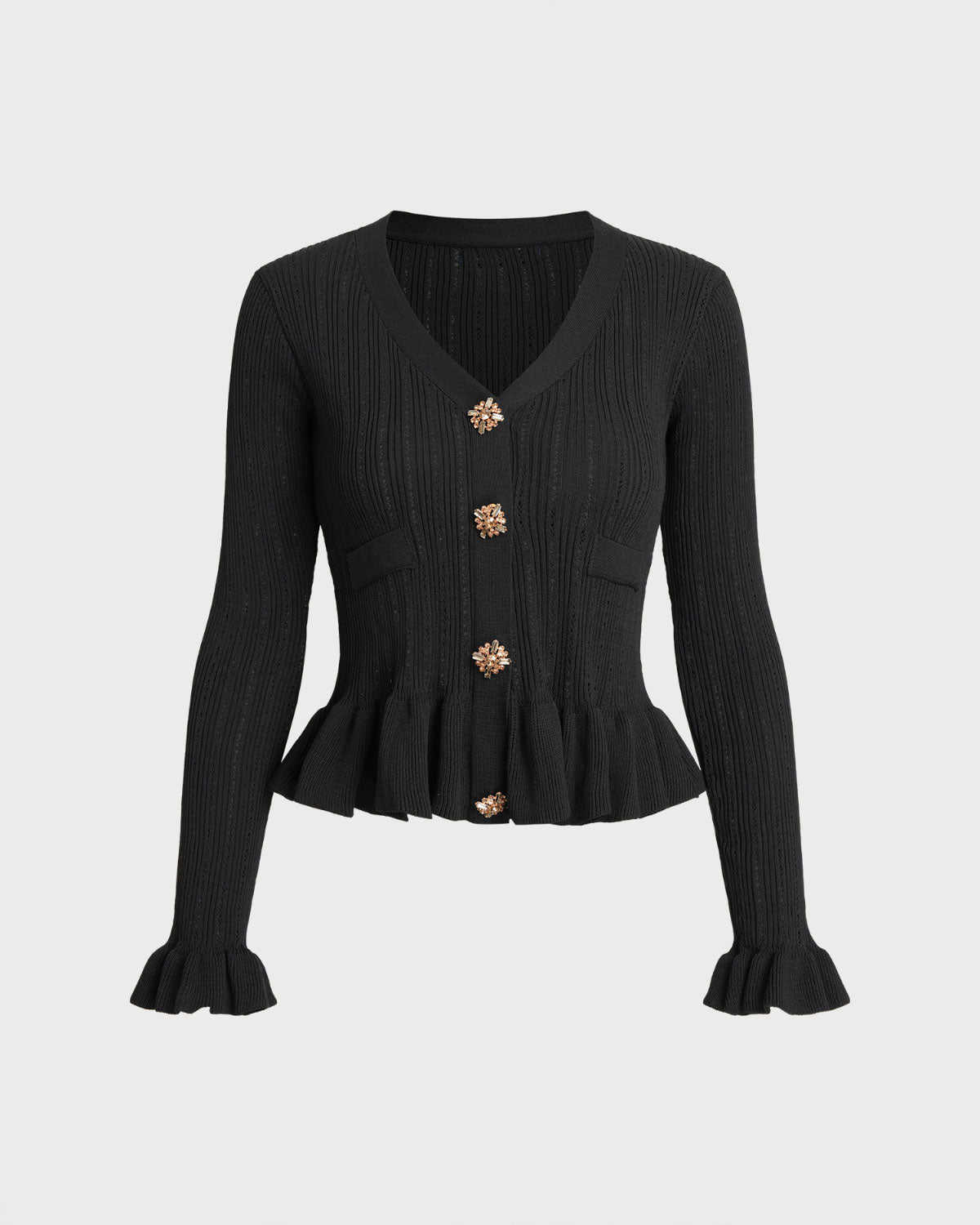 Black V Neck Bell Sleeve Knit Cardigan