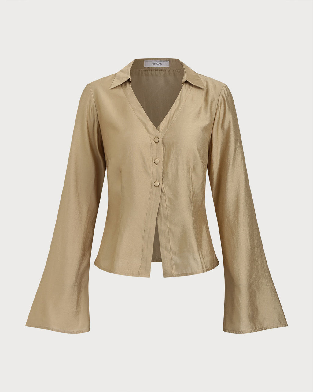Khaki V Neck Bell Sleeve Shirt