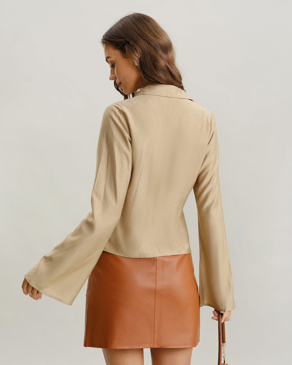 Khaki V Neck Bell Sleeve Shirt