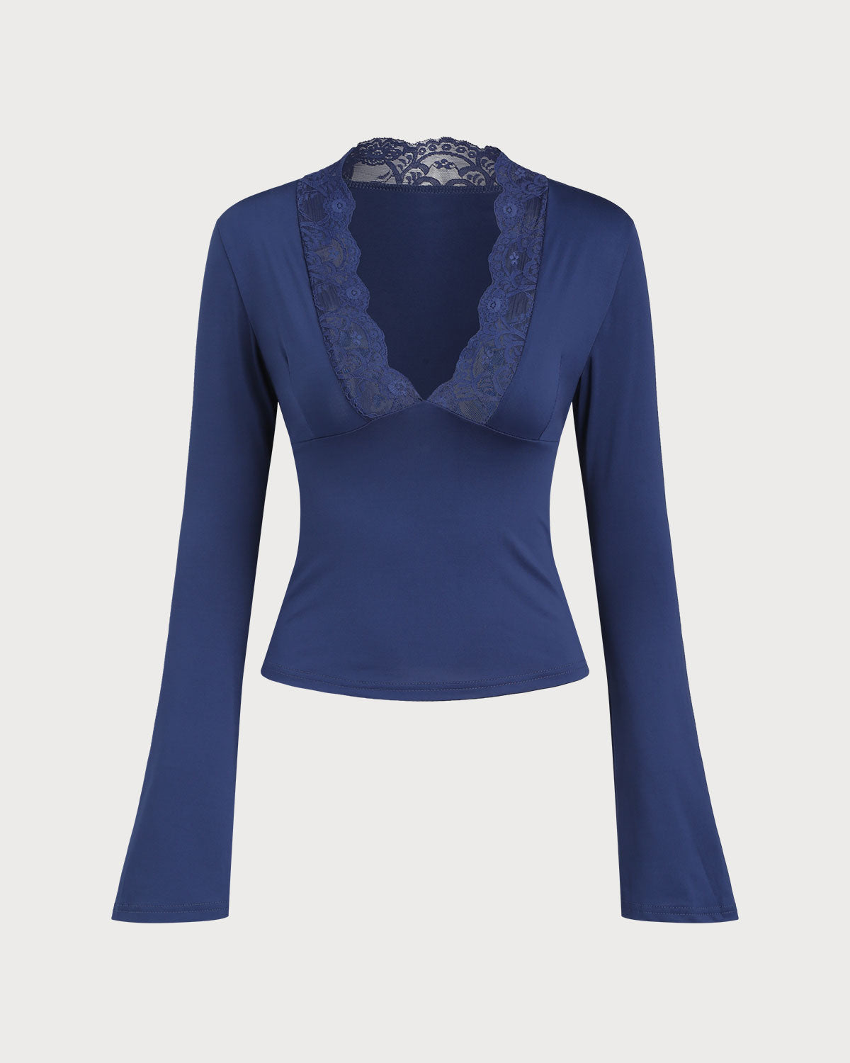 Blue V Neck Lace Bell Sleeve Tee