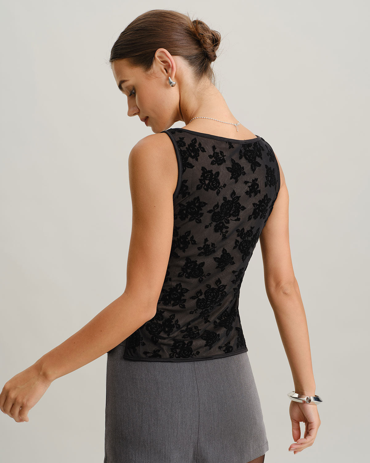 Black Floral Boat Neck Tank Top