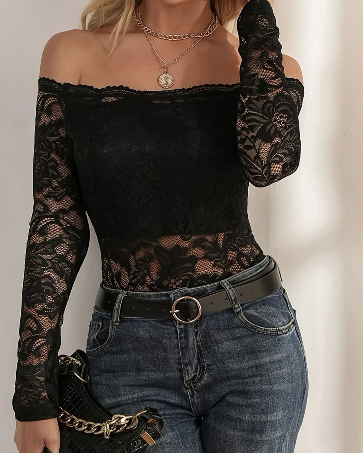 Black Lace Off The Shoulder Tee