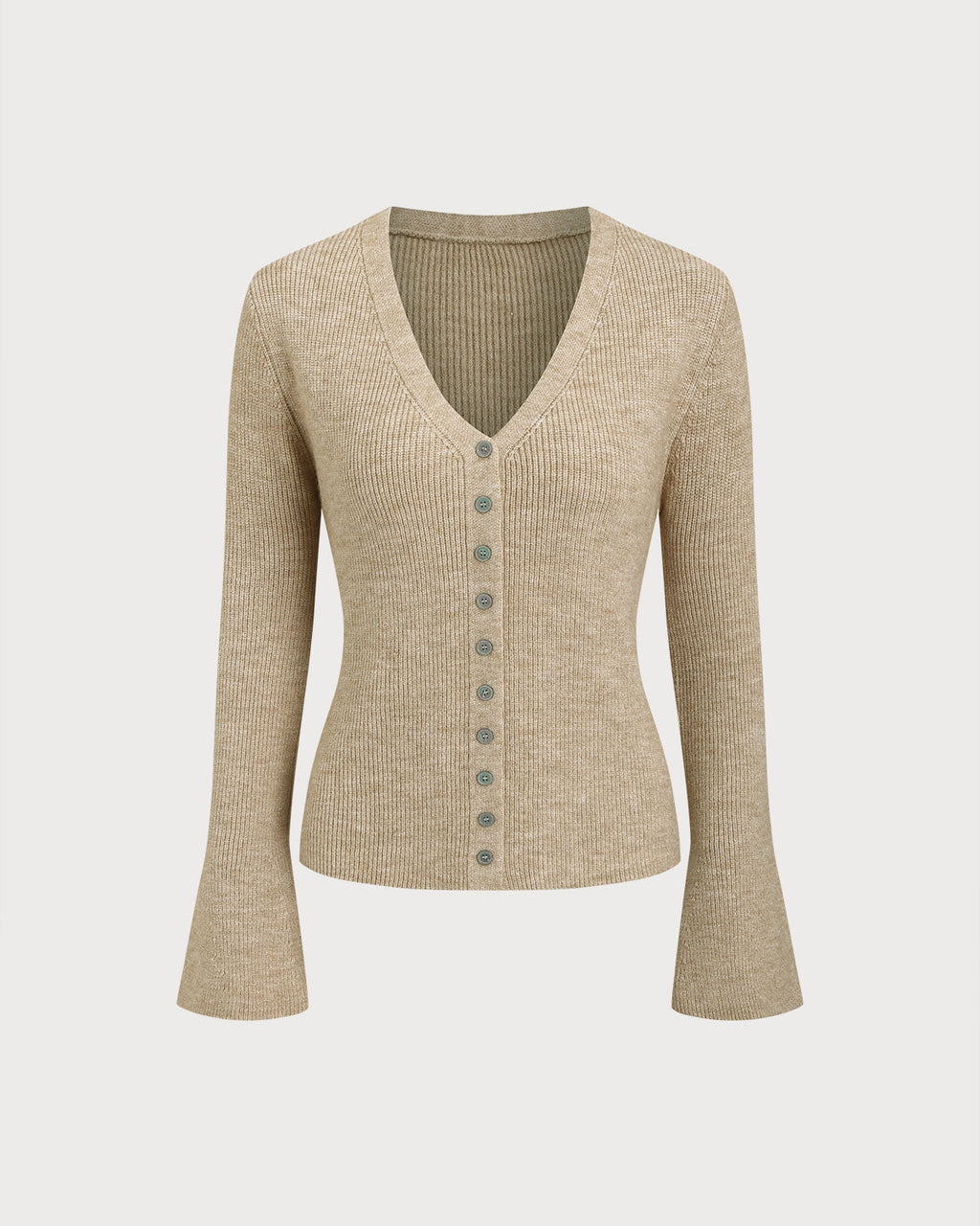Khaki V Neck Button Knit Cardigan