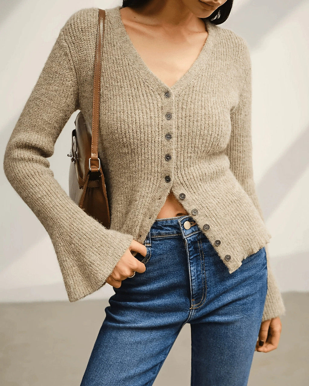 Khaki V Neck Button Knit Cardigan