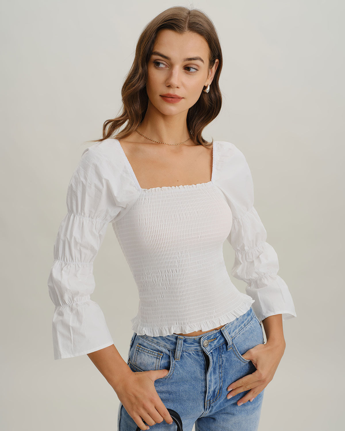 White Square Neck Shirred Blouse