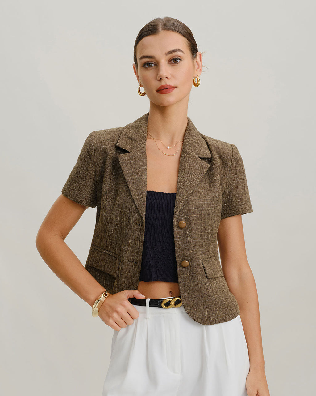 Brown Plaid Button Short Sleeve Jacket