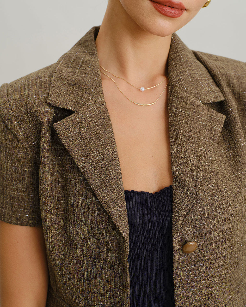 Brown Plaid Button Short Sleeve Jacket