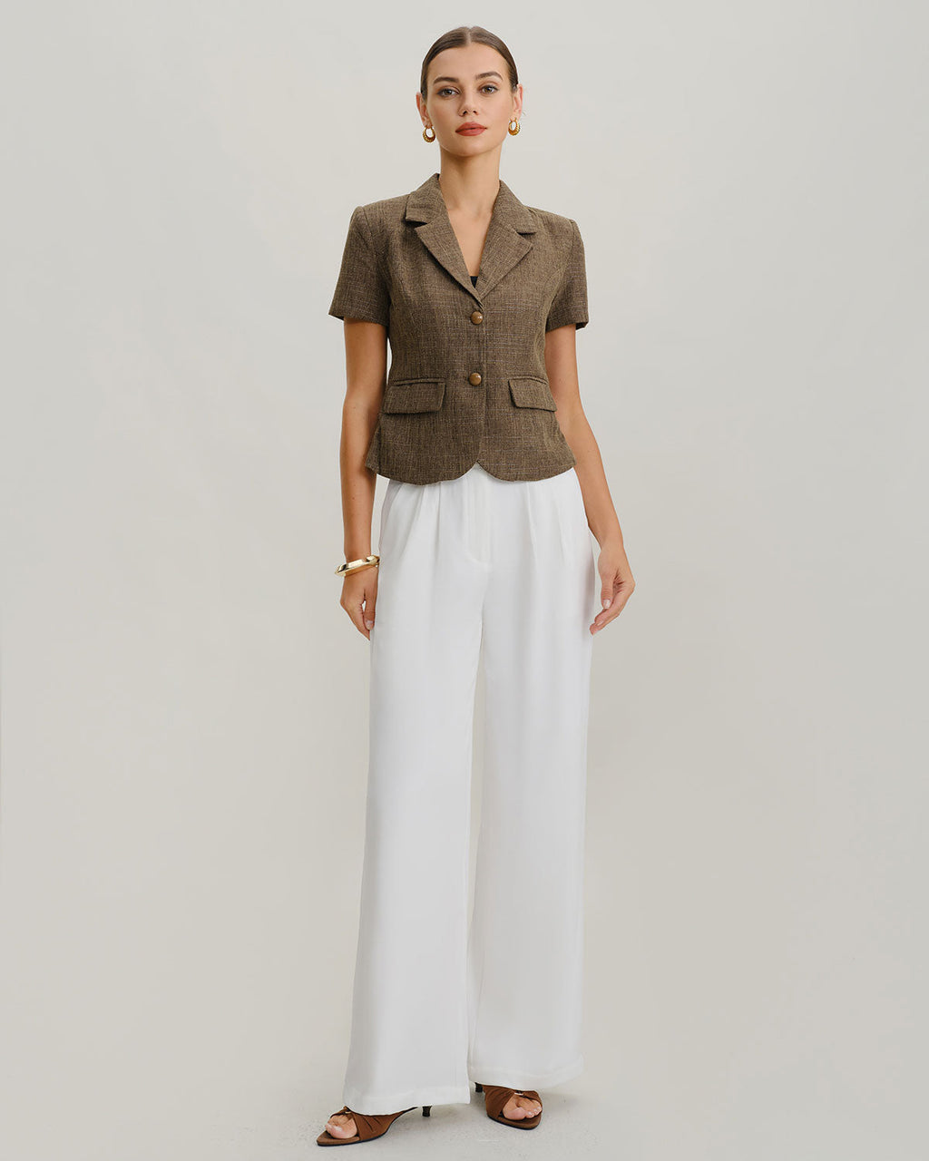 Brown Plaid Button Short Sleeve Jacket