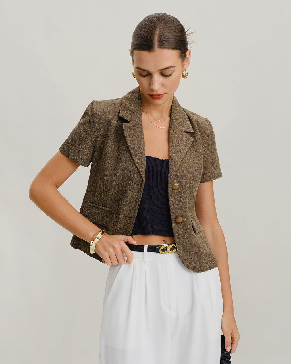 Brown Plaid Button Short Sleeve Jacket