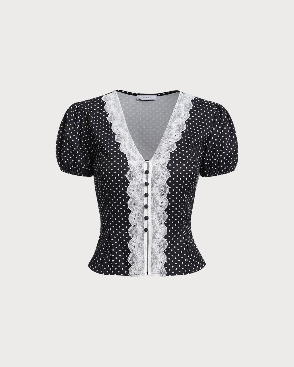 Black Polka Dot Lace Trim Blouse